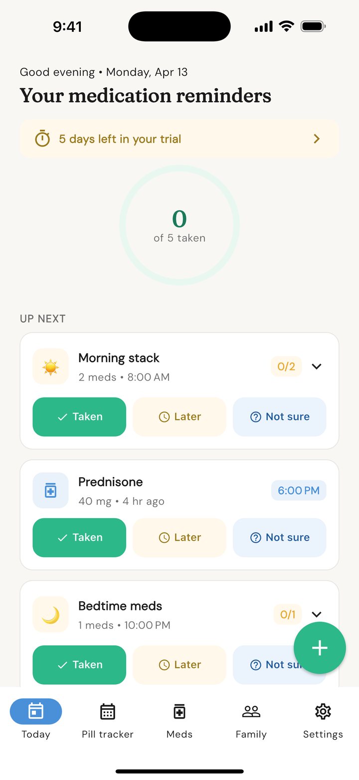 The DoseAlert Today view showing the day's scheduled medications, an adherence ring, and the five-tab navigation
