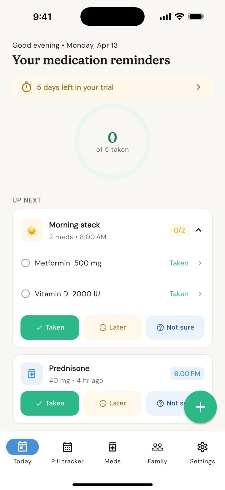 A medication group expanded on the Today view, showing the individual pills inside and an All Taken button