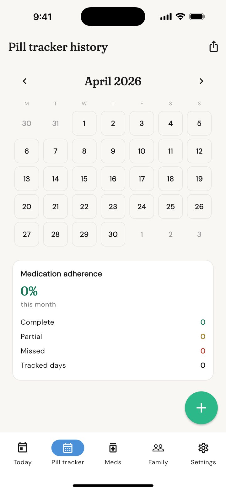 The Pill Tracker calendar showing a month grid and an adherence summary card below