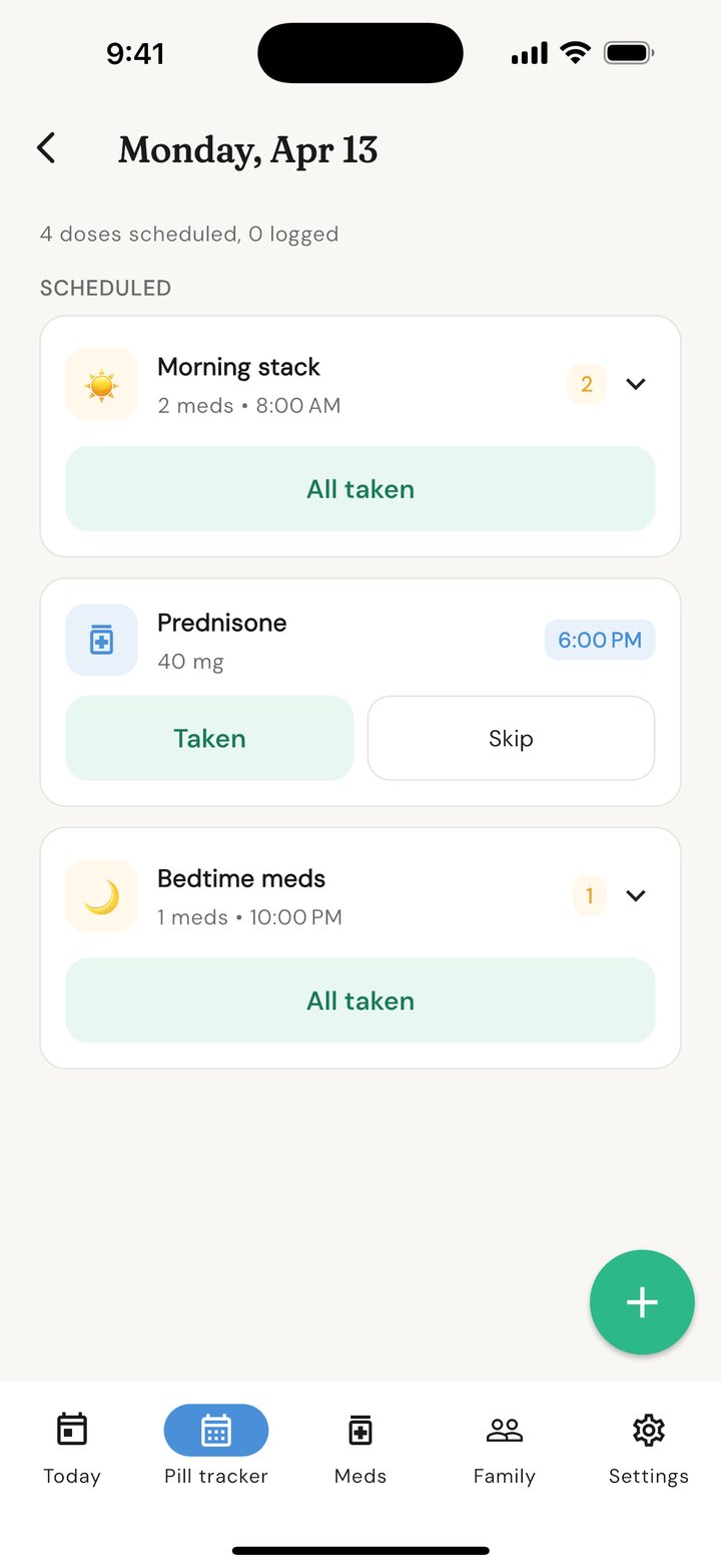 A Pill Tracker day detail page with a group card, individual medications, and the All Taken and Skip buttons