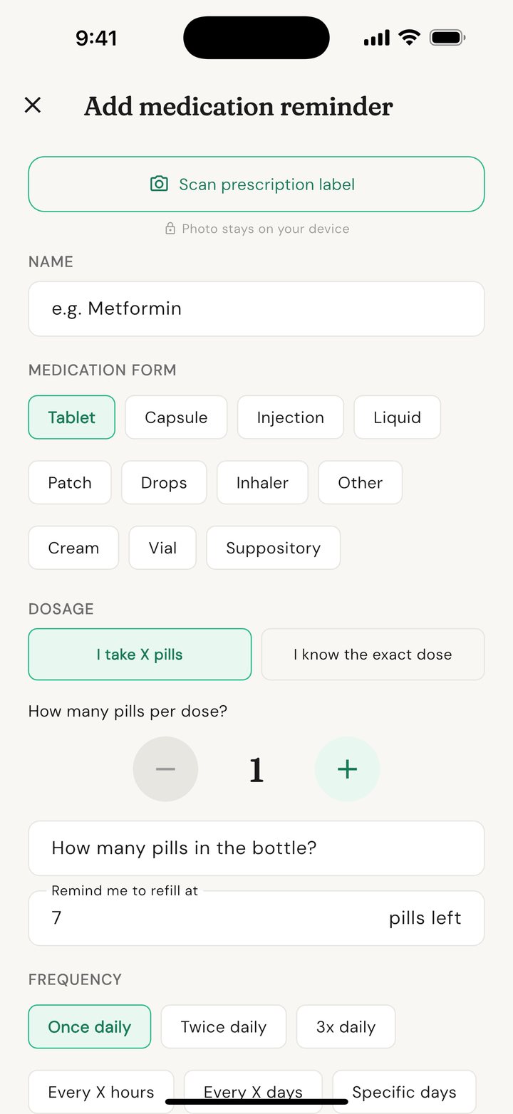 The Add medication screen with a prominent Scan prescription label button at the top