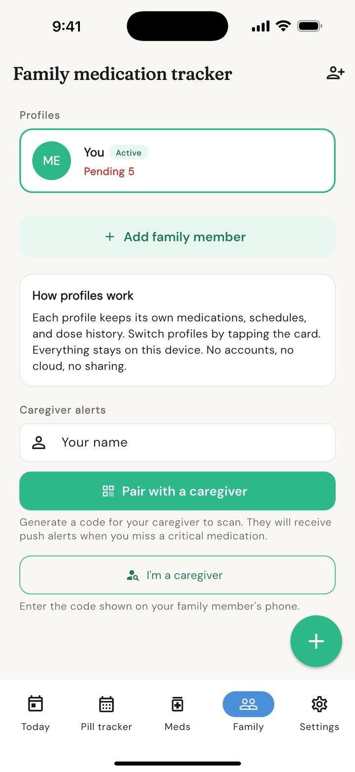 The Family medication tracker showing the current profile, an Add family member button, and the Pair with a caregiver option